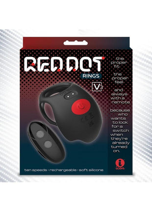 Red Dot Silicone Rechargeable Vibrating Cock Ring with Controller V3 - Black/Red