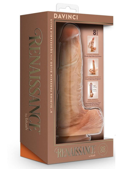 Renaissance Davinci Silicone Sliding Foreskin Dildo with Squeezable Balls - Caramel - 8in