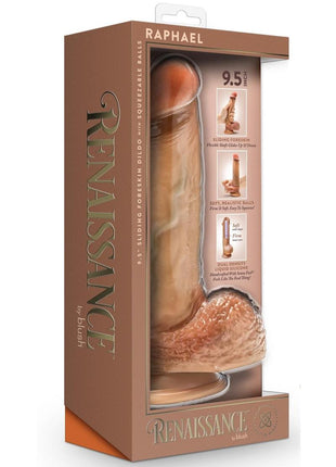 Renaissance Raphael Silicone Sliding Foreskin Dildo with Squeezable Balls - Caramel - 9.5in