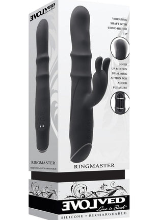 Ringmaster Rechargeable Silicone Rabbit Vibe Ring - Black