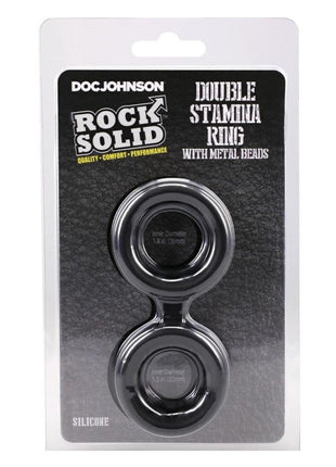 Rock Solid Silicone Double Stamina Cock Ring with Metal Beads - Black