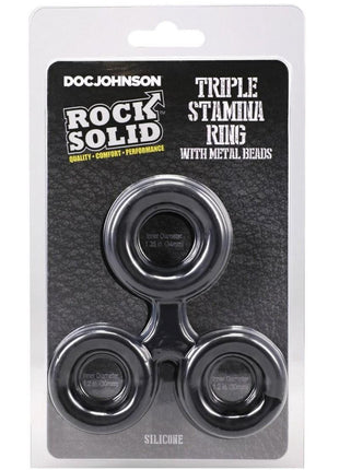 Rock Solid Silicone Triple Stamina Cock Ring with Metal Beads - Black