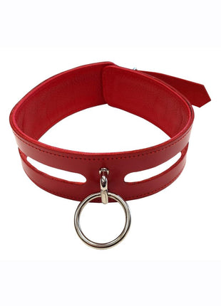 Rouge Leather Fashion Bondage Collar with O-Ring - Red