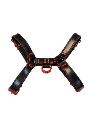 Rouge Leather Over The Head Harness Black with Red Accessories - Black/Red - XXLarge