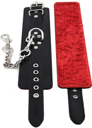 Rouge Leather Wrist Cuffs with Faux Fur Lining - Black/Red