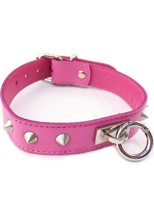 Rouge O Ring Studded Adjustable Leather Collar - Pink