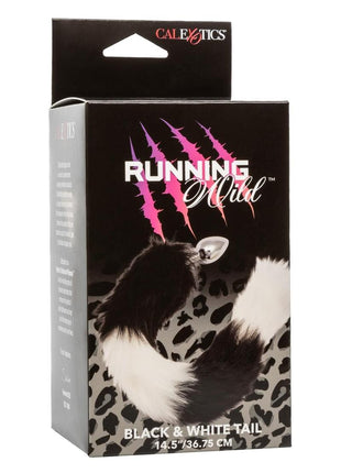 Running Wild Black and White Tail Faux Fur Tail and Metallic Anal Plug - Black/Metal/White