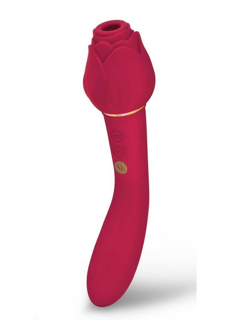 Secret Kisses Rosegasm Twosome Rechargeable Silicone Dual End Vibrator with Clitoral Stimulator - Red