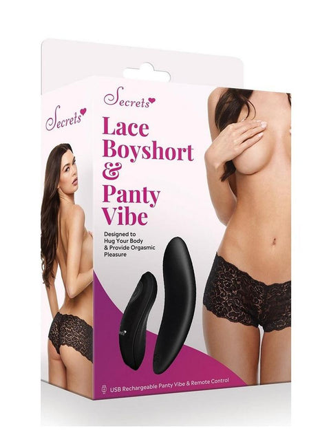 Secrets Lace Boyshort and Rechargeable Remote Control Panty Vibe - Black - One Size