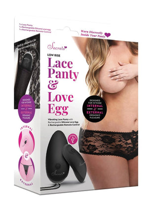 Secrets Low Rise Lace Panty and Love Egg Rechargeable Panty Vibe with Remote Control - Black - Plus Size/Queen