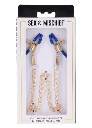 Sex and Mischief Cougar Chained Nipple Clamps - Blue/Gold/Navy
