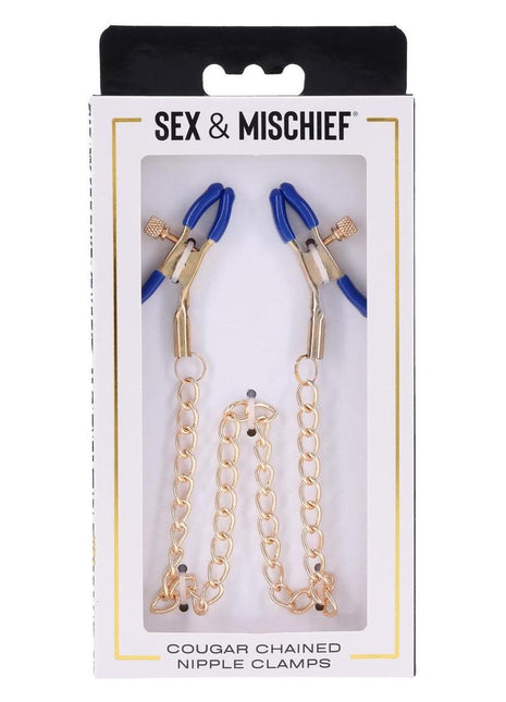 Sex and Mischief Cougar Chained Nipple Clamps - Blue/Gold/Navy