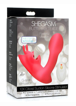 Shegasm Butterfy Tease Rechargeable Silicone 10x Clitoral Suction Stimulator with Remote Control - Pink