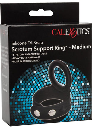 Silicone Tri-Snap Scrotum Support Cock Ring - Black - Medium