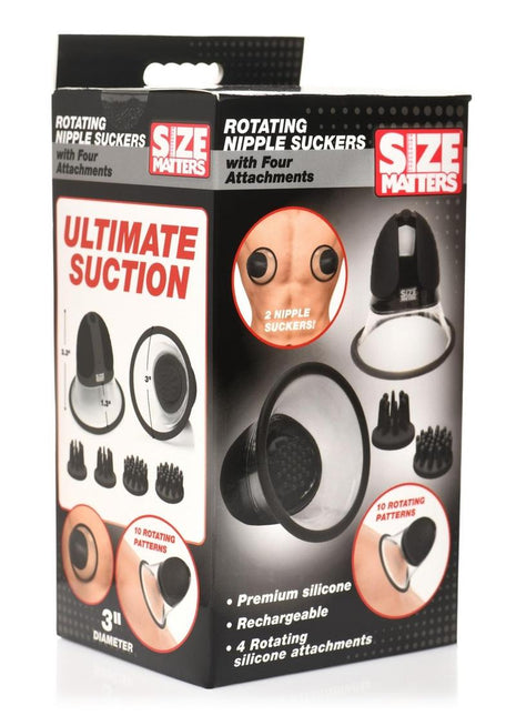 Size Matters 10x Rotating Rechargeable Silicone Nipple Suckers with 4 Attachments - Black/Clear