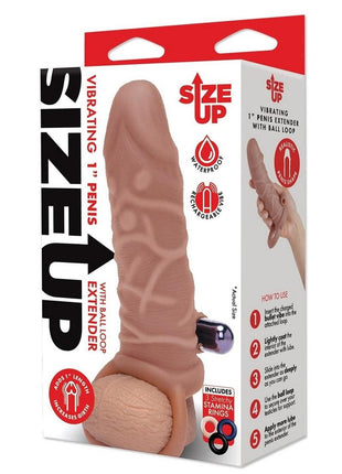 Size Up Silicone Vibrating Realistic Penis Extender with Ball Loop - Caramel - 1in