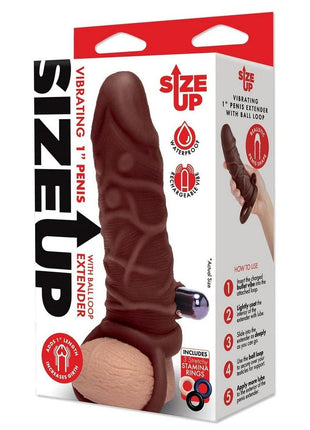 Size Up Silicone Vibrating Realistic Penis Extender with Ball Loop - Chocolate - 1in