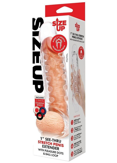 Size Up Studded Clear View Penis Extender with Ball Loop - Clear - 1in