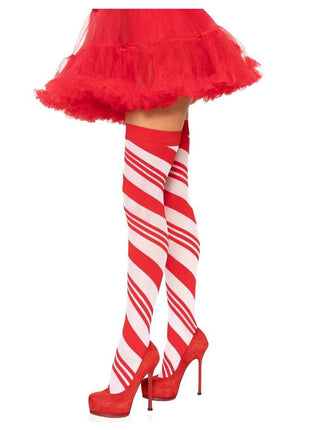 Spandex Sheer Candy Cane Striped Thigh Highs - Red/White - One Size