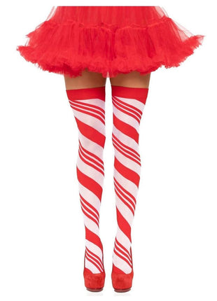 Spandex Sheer Candy Cane Striped Thigh Highs - Red/White - One Size