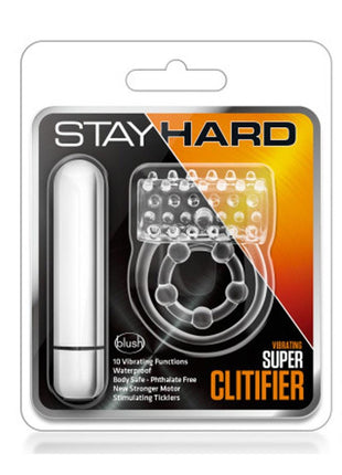 Stay Hard Vibrating Super Clitifier Cock Ring with Bullet - Clear