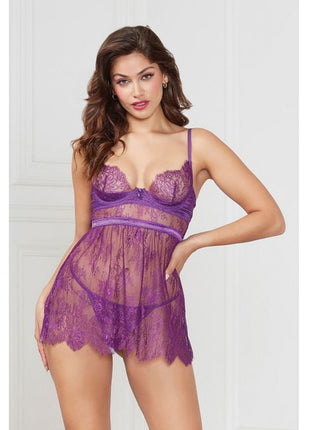Floral Eyelash Lace Underwire Babydoll w/Thong