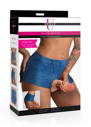 Strap U Booty Shorts Strap-On Harness with Dildo - Blue/Vanilla - Large - 6in