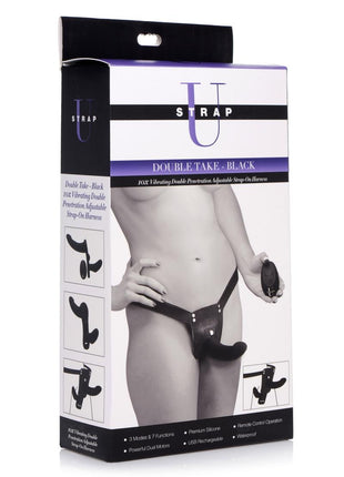 Strap U Double Take Double Penetration Rechargeable Silicone Vibrating Strap-On Harness - Black