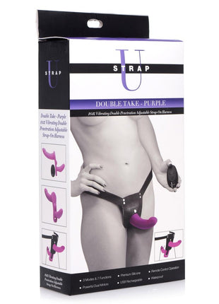 Strap U Double Take Double Penetration Rechargeable Silicone Vibrating Strap-On Harness - Purple
