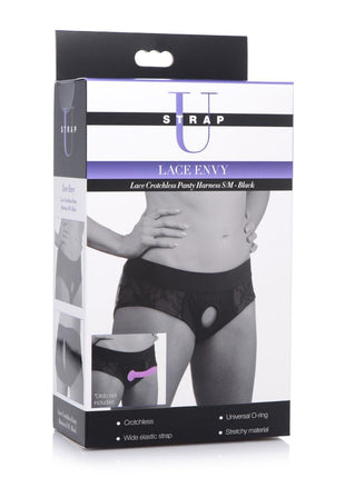 Strap U Lace Envy Black Crotchless Panty Harness - S/M - Black