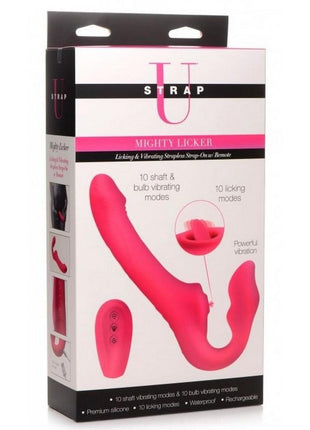 Strap U Licking Vibrating Rechargeable Silicone Strapless Strap-On with Remote Control - Pink