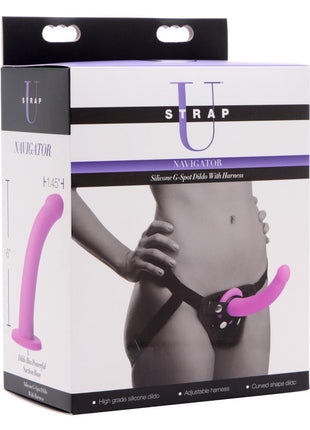Strap U Navigator Silicone G-Spot 7in Dildo with Harness - Purple