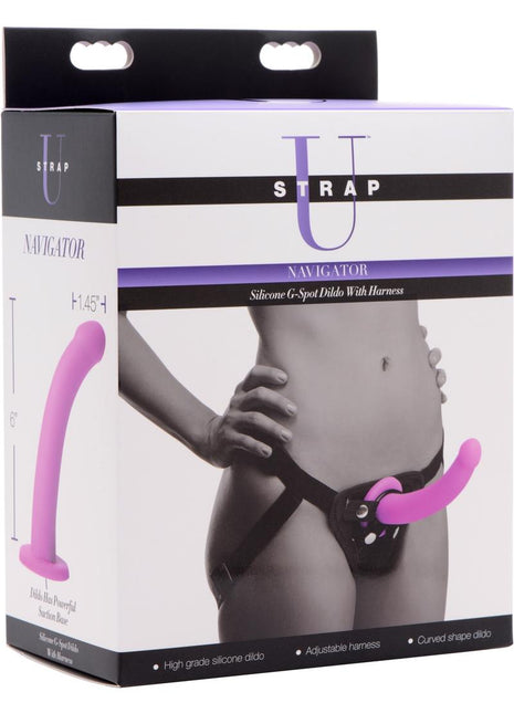 Strap U Navigator Silicone G-Spot 7in Dildo with Harness - Purple