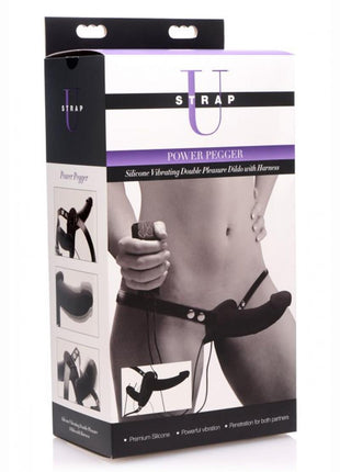 Strap U Power Pegger Silicone Vibrating Double Pleasure 6.5in Dildo with Harness - Black