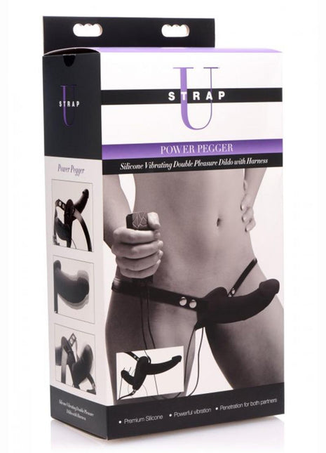 Strap U Power Pegger Silicone Vibrating Double Pleasure 6.5in Dildo with Harness - Black