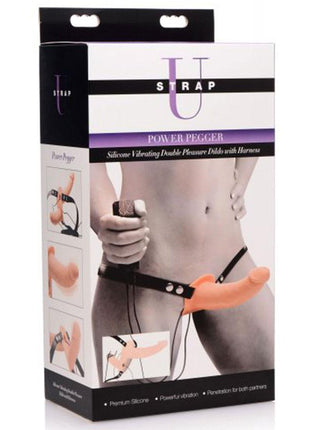 Strap U Power Pegger Silicone Vibrating Double Pleasure 6.5in Dildo with Harness - Flesh/Vanilla