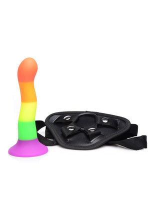 Strap U Proud Rainbow Silicone Dildo with Harness - Multicolor