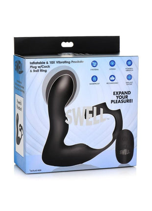 Swell Rechargeable Silicone Inflatable 10x Vibrating Prostate Plug with Cock and Ball Ring and Remote Control - Black
