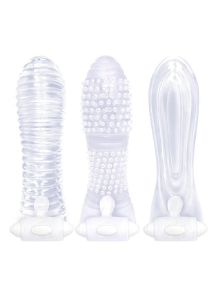 The 9's - Vibrating Sextenders, 3-Pack, Nubbed, Contoured, Ribbed - Clear