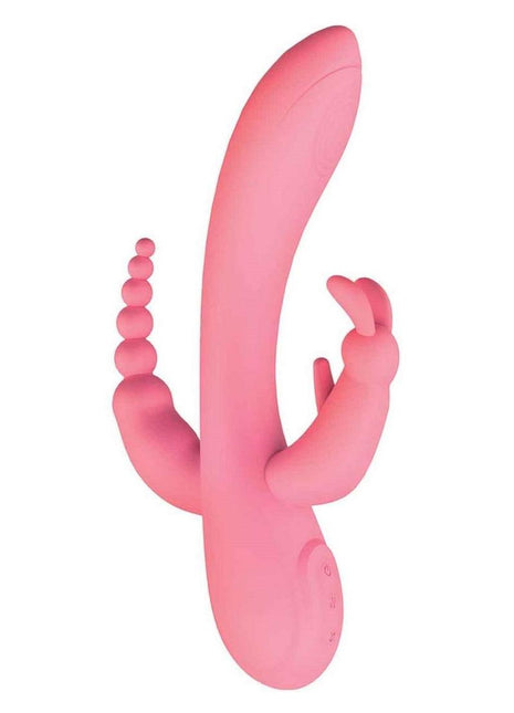 The Beat Trifecta Rechargeable Silicone Multifunction Rabbit Vibrator - Pink