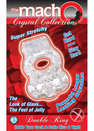 The Macho Crystal Collection Double Ring Vibrating Cock Ring - Clear