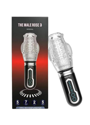 The Male Rose 3 Rechargeable Thrusting Rotating Masturbator - Black/Clear