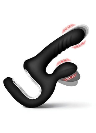 Thrust Pounder Thrusting Rechargeable Silicone Vibrator with Clitoral Stimulator - Black