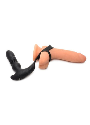 Thunder Plugs Rechargeable 10x Thrusting Silicone Vibrator with Cock and Ball Strap