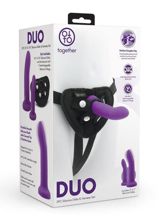 Together Toys Duo Silicone 5.5in, 7.75in Dildos and Harness - Black/Purple - Set