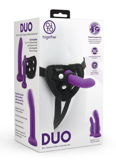 Together Toys Duo Silicone 5.5in, 7.75in Dildos and Harness - Black/Purple - Set
