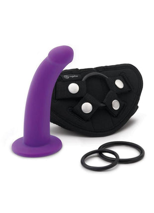 Together Toys Tilt Silicone 6.5in Dildo and Harness - Black/Purple - Set