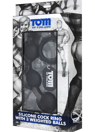 Tom Of Finland Silicone Cock Ring with 3 Weighted Balls - Black