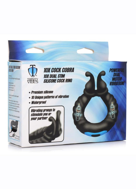 Trinity Men 10x Cock Cobra Dual Stimulating Rechargeable Silicone Cock Ring - Black