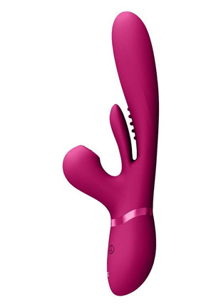 Vive Kura Rechargeable Silicone Triple Motor Thrusting G-Spot with Flapper and Air Wave Clit Stimulation Vibrator - Pink
